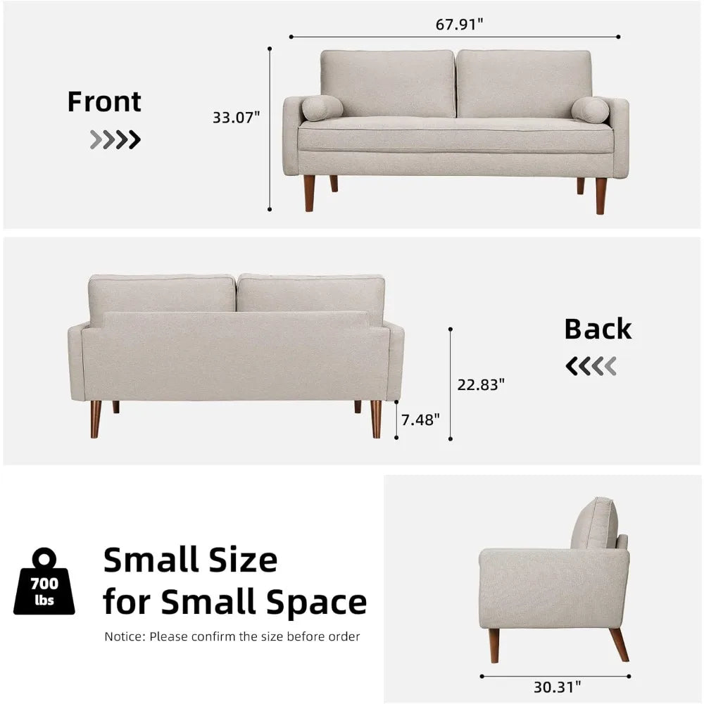 2 Seater Sofa, 68 inch Fabric Couches for Living Room,Mid Century Modern Loveseat Sofas with Armrest, Button Tufted Seat Cushion