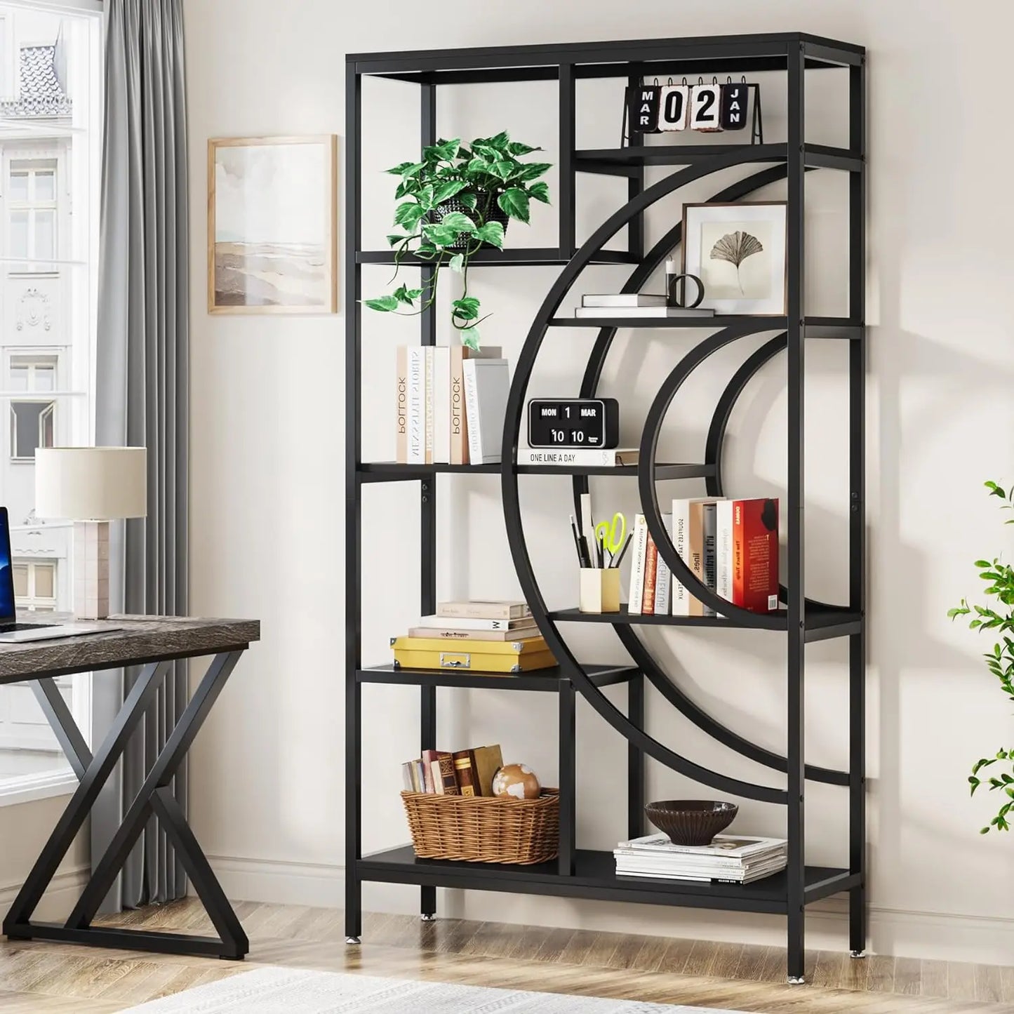 71 inches Bookcases, Industrial 8-Tiers Bookshelves, Etagere Bookcases with Geometric Metal Frame, Open Storage Shelving Units