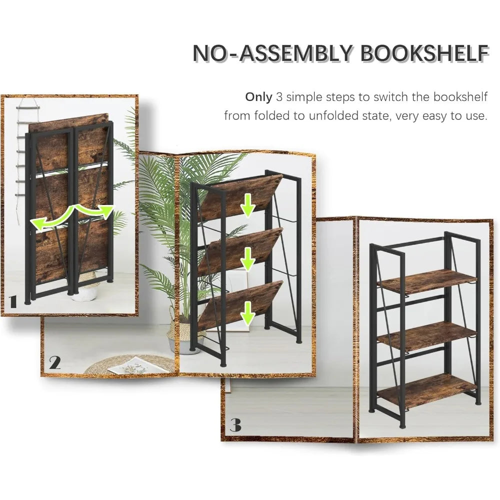 No-Assembly Folding Bookshelf Storage Shelves 3 Tiers Vintage Bookcase Racks Study Organizer Home Office(Rustic Brown and Black)