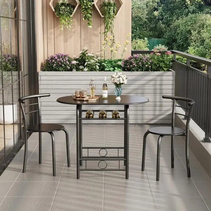3-Piece Wooden Dining Table Set, Kitchen Breakfast Nook Sets with 2 Chairs & Round Tabletop, Space Saving Furniture Metal Frame
