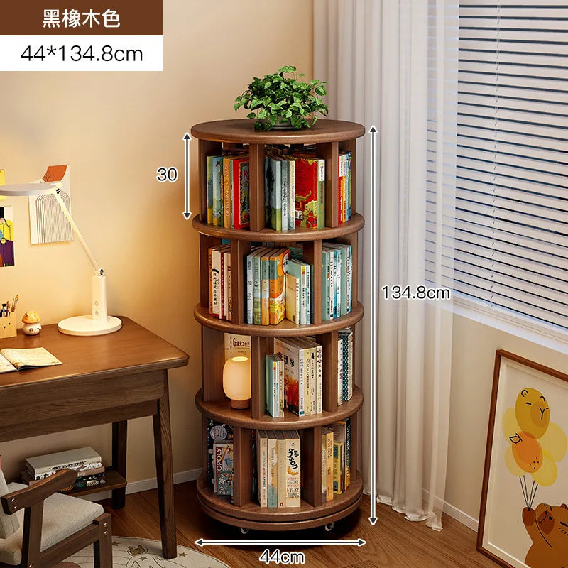 Solid wood rotating bookshelf 360 degree floor-standing bookcase storage rack movable corner children's small narrow cabinet