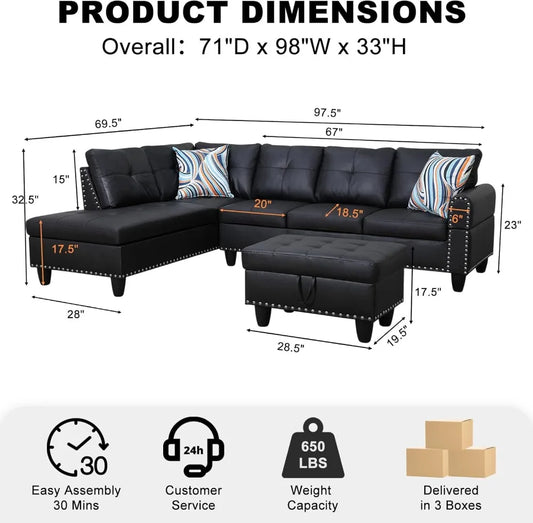 Modern L-Shaped Sectional Sofa with Chaise, Ottoman & Cup Holders, Faux Leather, Black