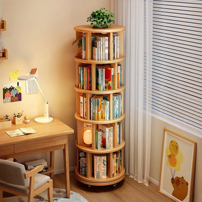 Solid wood rotating bookshelf 360 degree floor-standing bookcase storage rack movable corner children's small narrow cabinet