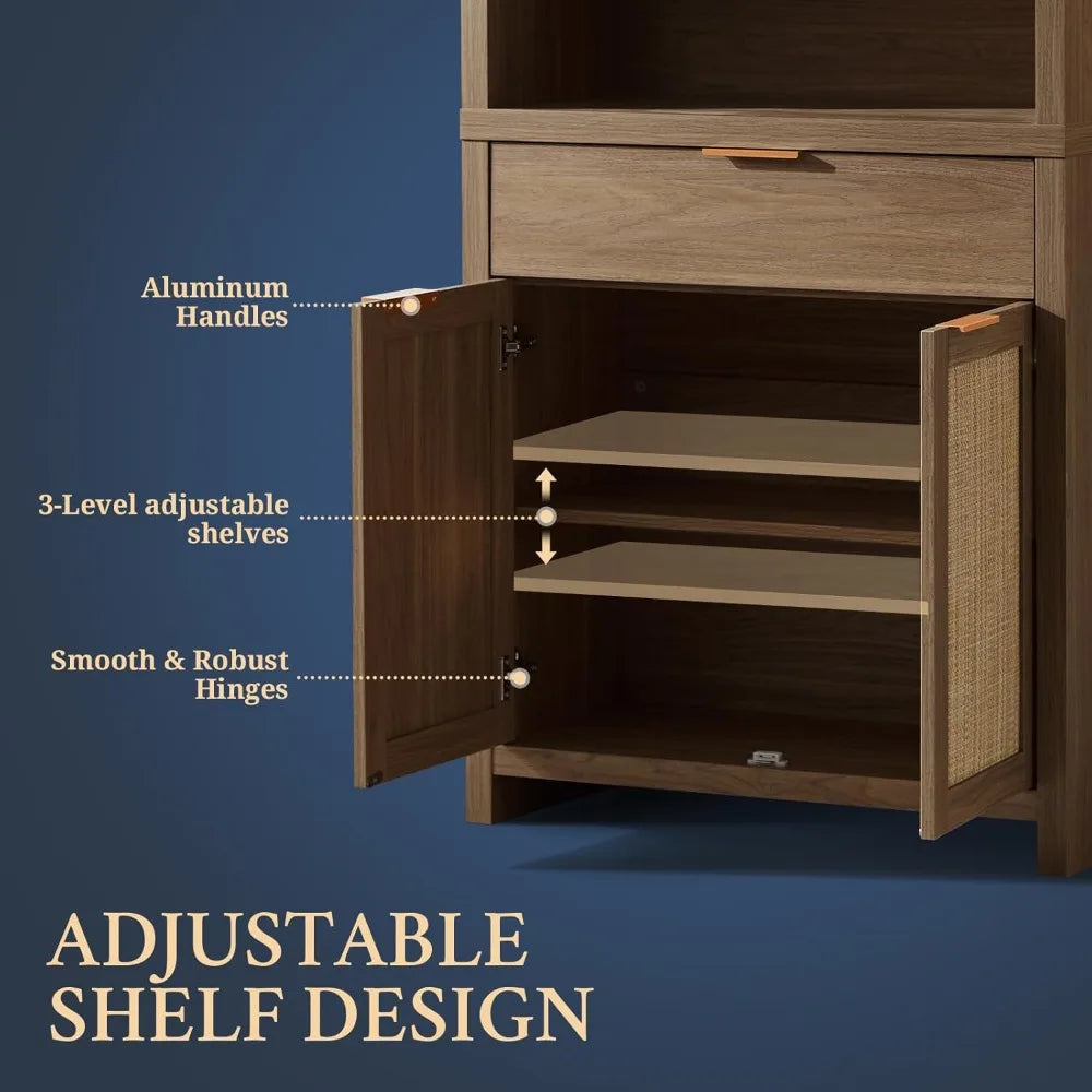 Hampstead Bookcase, Rattan Bookcase with Doors Cabinet and Drawer, 5-Tier Bookshelf, Large Wooden Book Case, Tall Bookshelves