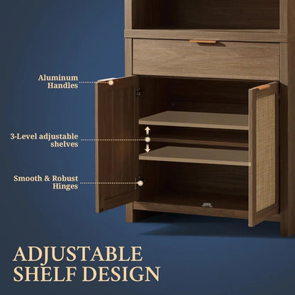 Hampstead Bookcase, Rattan Bookcase with Doors Cabinet and Drawer, 5-Tier Bookshelf, Large Wooden Book Case, Tall Bookshelves