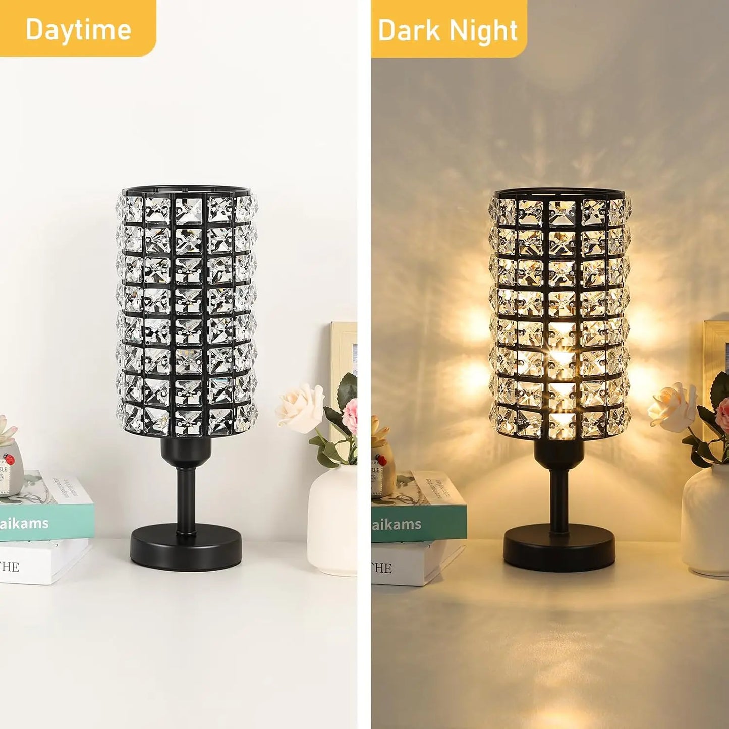 Elegant Crystal Table Lamps Set of 2 Black Modern Bedside Lamp Small Decorative Nightstand Lamp Black Desk Lamp for Living Room
