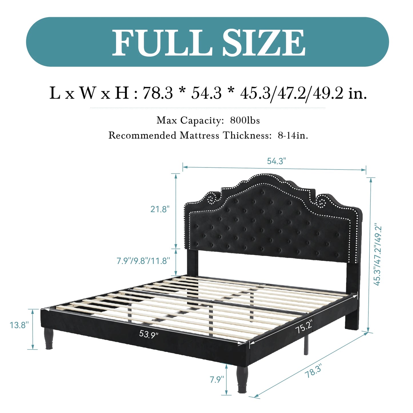 HOOMIC Bed Frame with Adjustable Velvet Tiara Headboard, Upholstered Diamond Button Tufted Platform Bed, Wood Slats Support,