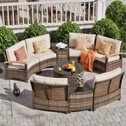 9 Piece Outdoor Patio Furniture Set, Half-Moon Curved Sectional Sofa Rattan Conversation Set with Wood Armrests, Coffee Table
