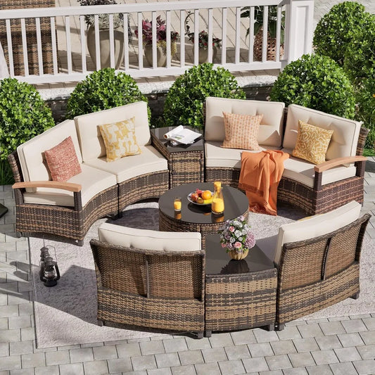 9 Piece Outdoor Patio Furniture Set, Half-Moon Curved Sectional Sofa Rattan Conversation Set with Wood Armrests, Coffee Table