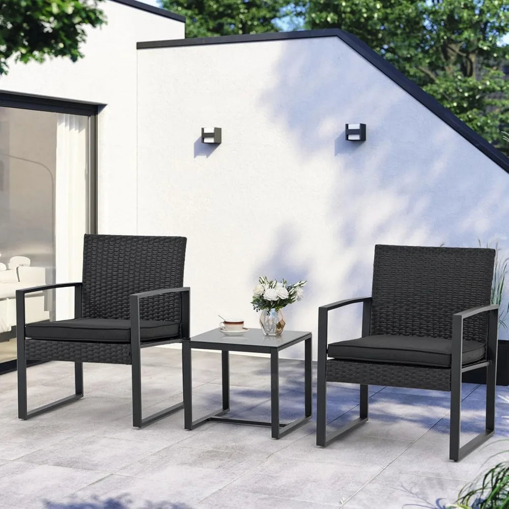 3 Pieces Patio Furniture Set, Outdoor Wicker Bistro Set, Modern Rattan Conversation Furniture with 2 Chairs and Tempered