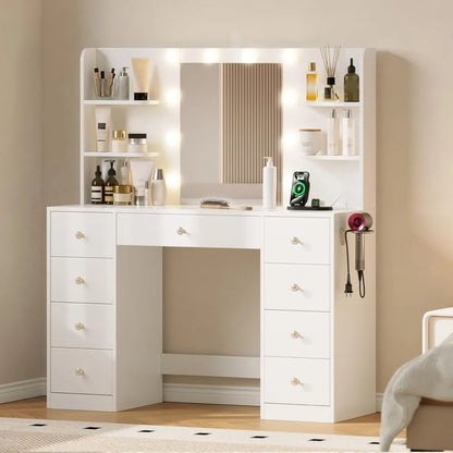 Vanity Desk with Mirror and Lights, Makeup Vanitys Desk with 9 Drawers and 6 Storage Shelves Dressing Table, Vanity Desks