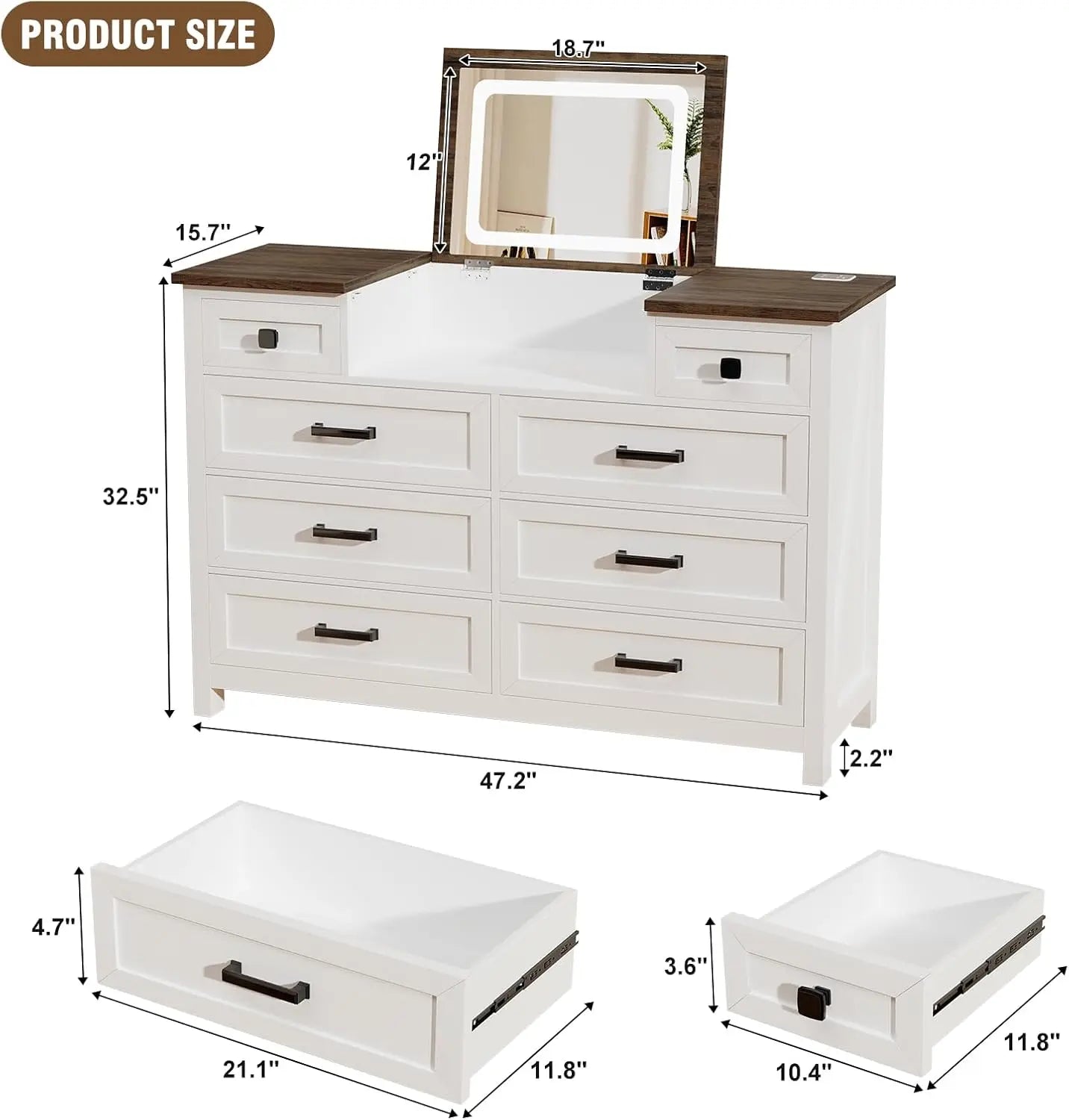 Dresser with Mirror for Bedroom, Chest of Drawers with LED Mirror, 8 Drawer Dresser with Charging Station, White Kids Dressers