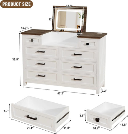Dresser with Mirror for Bedroom, Chest of Drawers with LED Mirror, 8 Drawer Dresser with Charging Station, White Kids Dressers