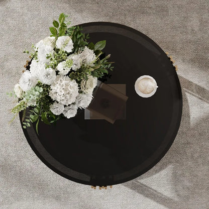 Gold Glass Coffee Table Black Round Modern Living Room Table, Luxury Stainless Steel Irregular Leg Tempered Glass Top, Sofa Cent