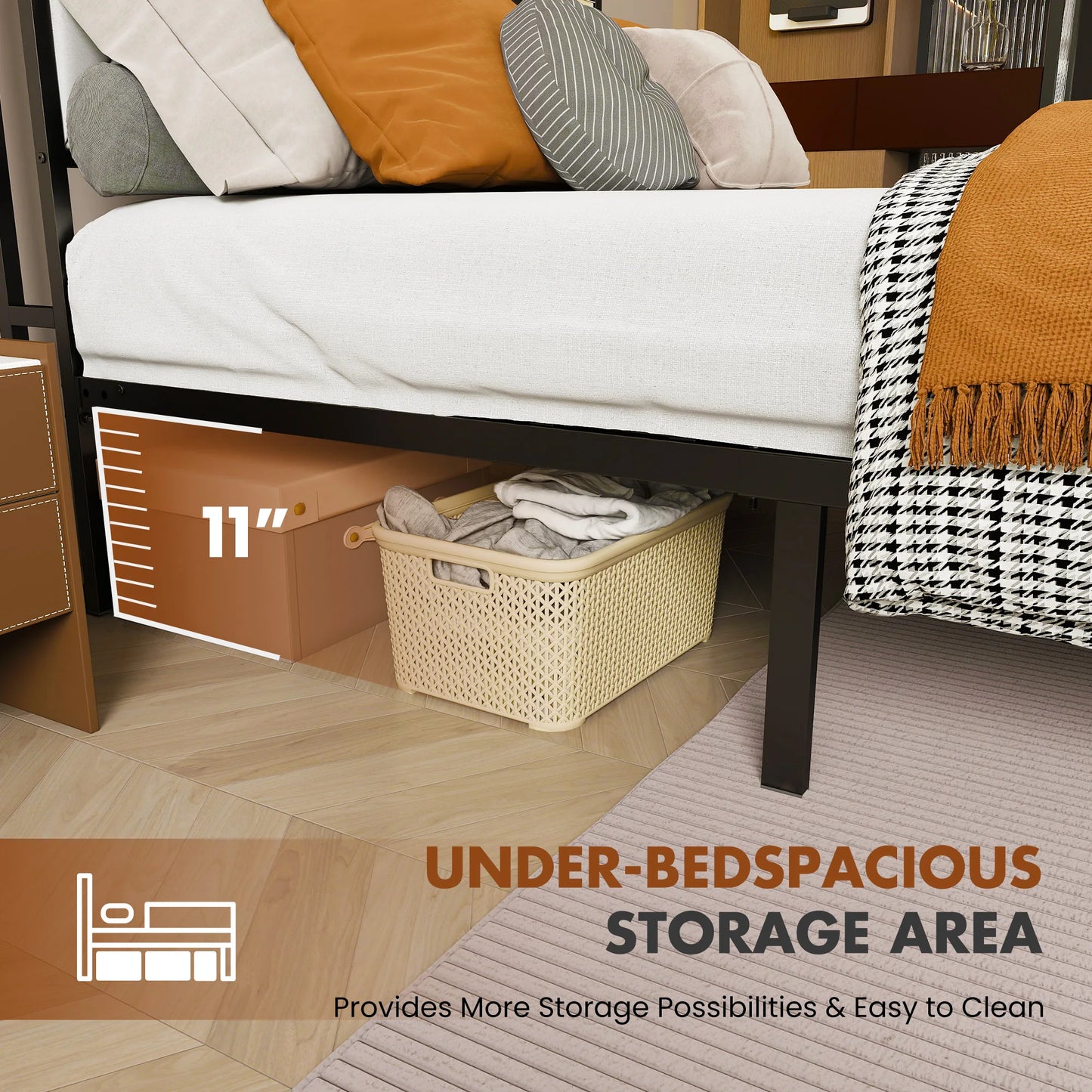 JHK King Size Soft Pack Heavy Duty Metal Bed Frame with Headboard Charging Station 1100lbs Capacity Easy Assembly For Bedroom