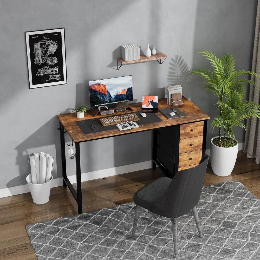 47 Inch Fabric Drawer Computer Desk, Reversible Writing Desk for Home Office, Modern Simple Style