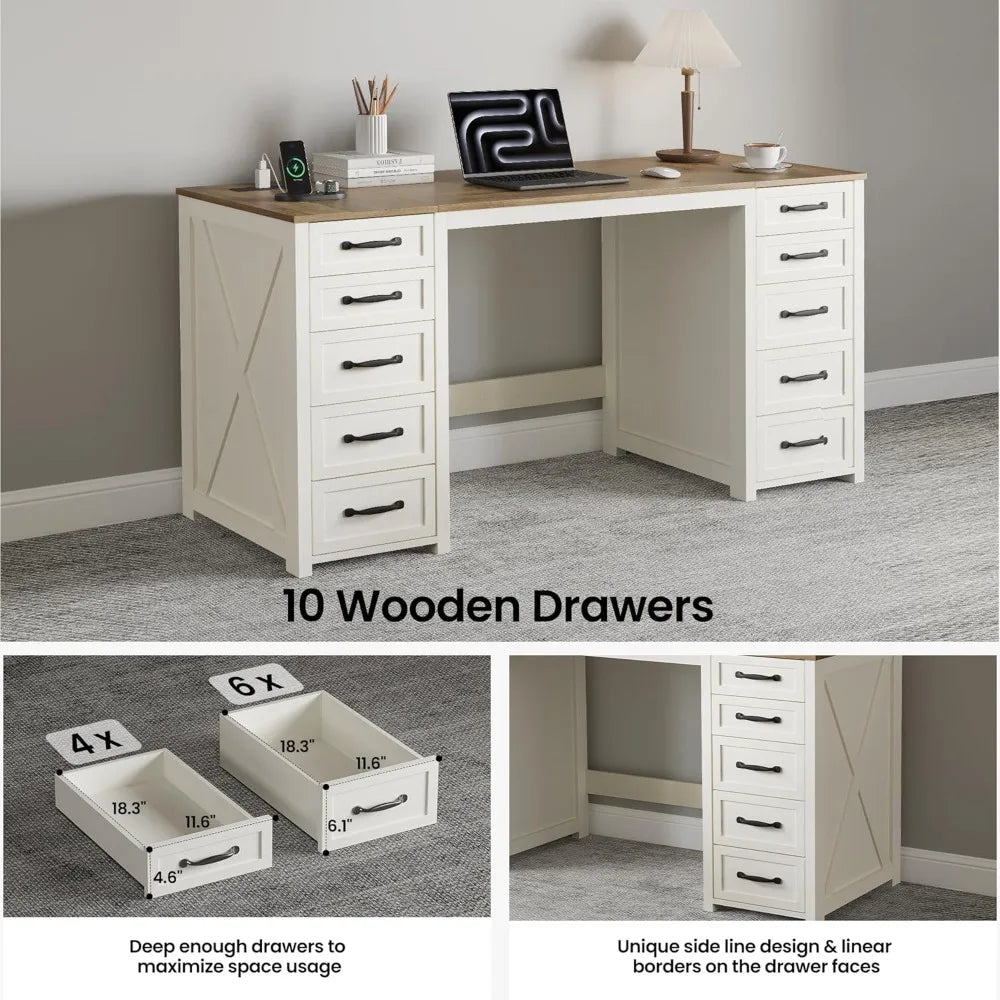 60" Farmhouse Home Office Desk with 10 Wooden Drawers, Rustic Computer Writing Desk with Power Outlets, Large Executive Desk