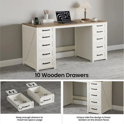 60" Farmhouse Home Office Desk with 10 Wooden Drawers, Rustic Computer Writing Desk with Power Outlets, Large Executive Desk