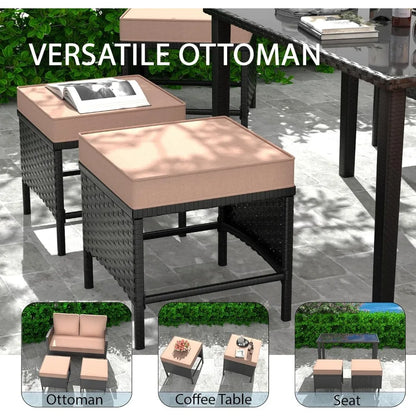 PatioConversation Set,Outdoor Furniture Sectional with Throw Pillows and Anti-Slip Cushions,PE Rattan Sofa Set with Dining Table