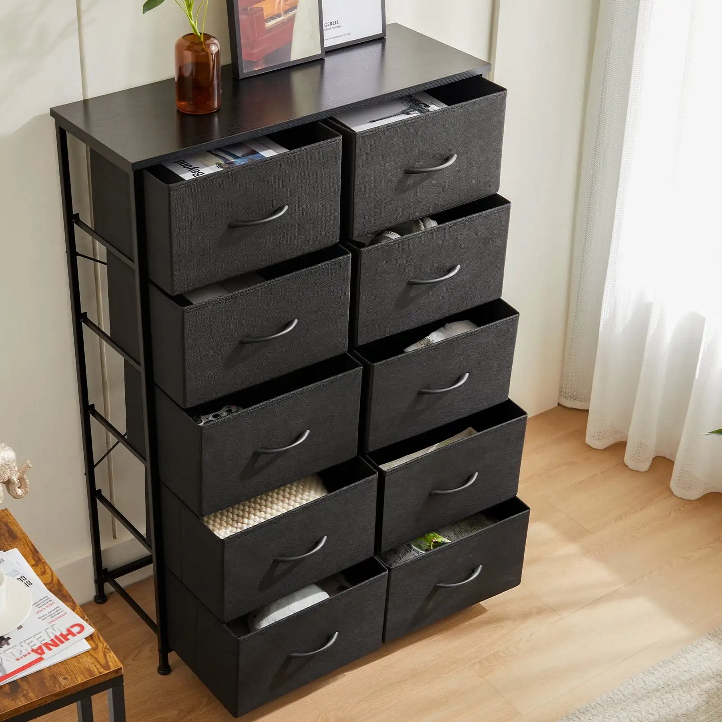 Dresser for Bedroom with 10 Drawers, Tall Chest Organizer with Fabric Bins, Freestanding Storage Cabinet, Black