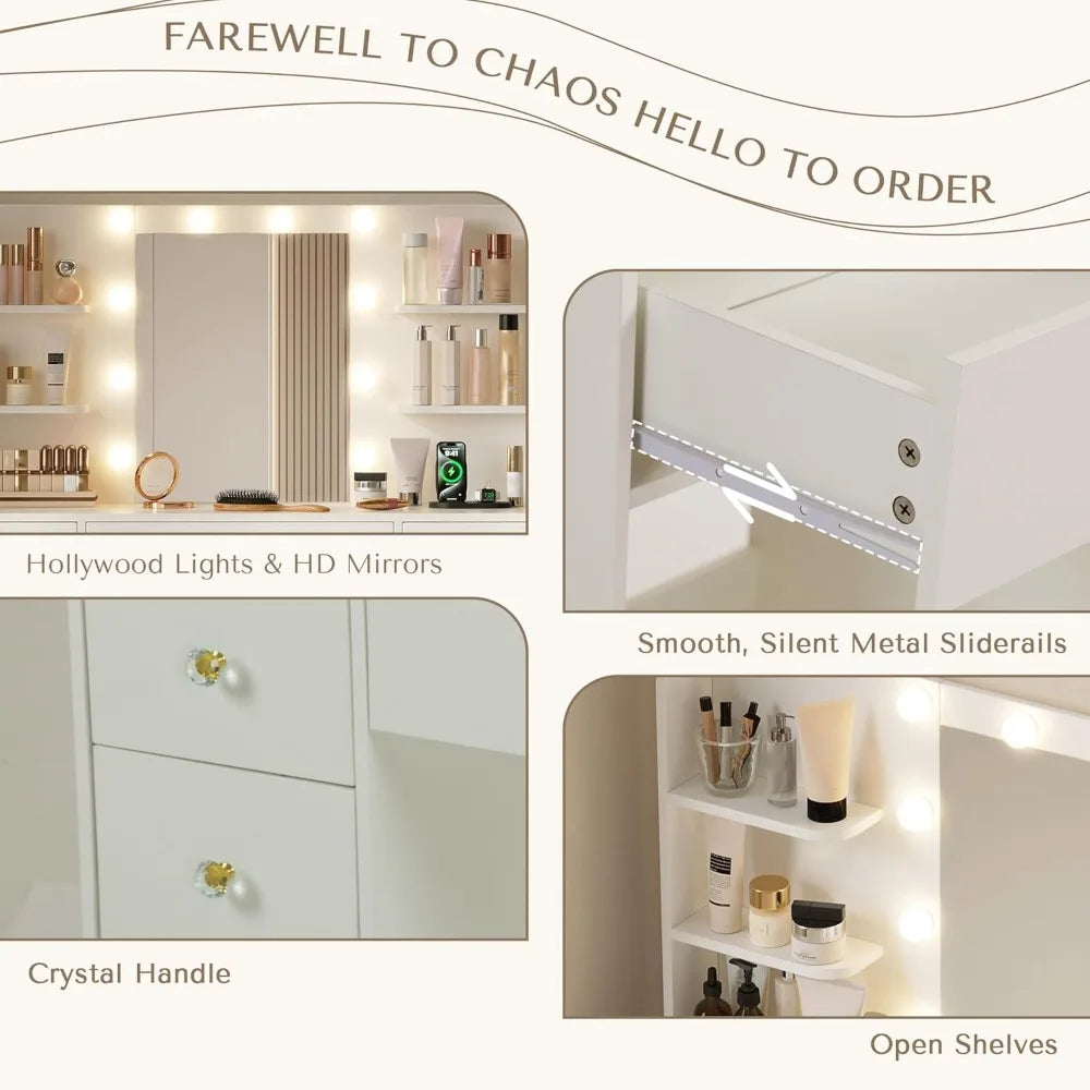 Vanity Desk with Mirror and Lights, Makeup Vanitys Desk with 9 Drawers and 6 Storage Shelves Dressing Table, Vanity Desks