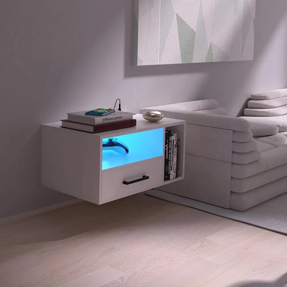 Floating Nightstand With Charging Station And Led Light Strips, 21.3"" Night Stand With Drawers, Floating Bedside With Usb