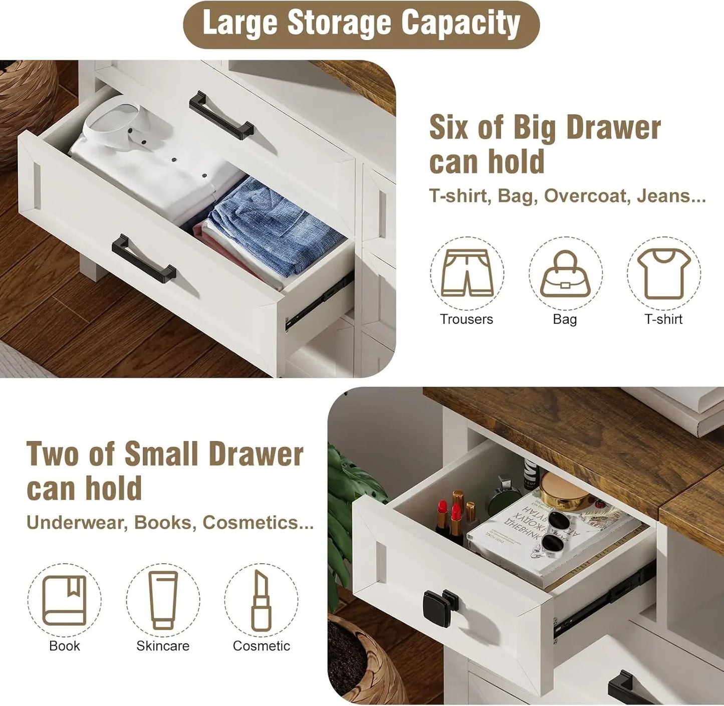 Dresser with Mirror for Bedroom, Chest of Drawers with LED Mirror, 8 Drawer Dresser with Charging Station, White Kids Dressers