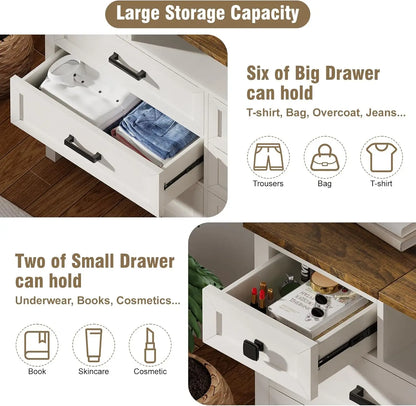 Dresser with Mirror for Bedroom, Chest of Drawers with LED Mirror, 8 Drawer Dresser with Charging Station, White Kids Dressers