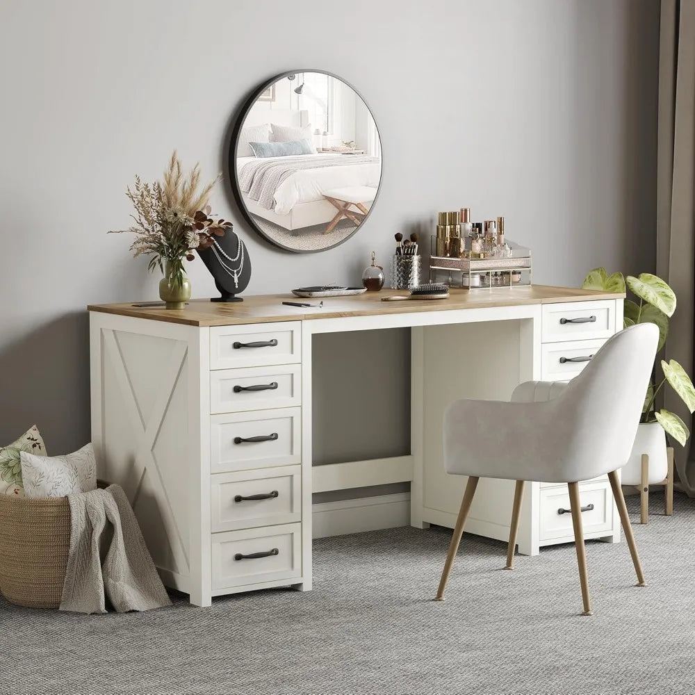 60" Farmhouse Home Office Desk with 10 Wooden Drawers, Rustic Computer Writing Desk with Power Outlets, Large Executive Desk