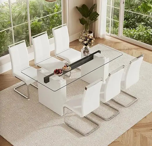 71" Glass Dining Table Set for 6, 7 Piece Dining Table Set with Tempered Glass Top & 6 White PU Leather Ergonomic Chairs, Modern