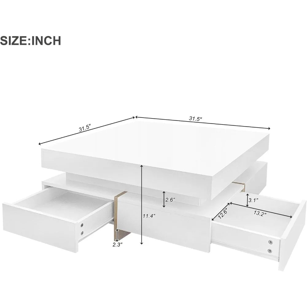 "31" Modern Coffee Table - Storage Drawers & High Gloss Finish, Square Design for Living Room/Office"