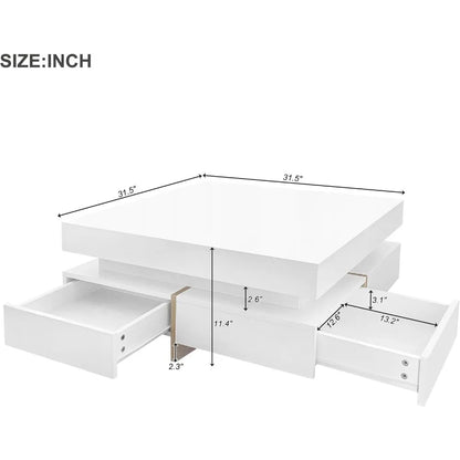 "31" Modern Coffee Table - Storage Drawers & High Gloss Finish, Square Design for Living Room/Office"