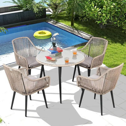 5-Piece Patio Dining Set, Outdoor Dining Table Chair Set, All-Weather Twisted Rattan Wicker Rope Conversation Set, Patio Furnit