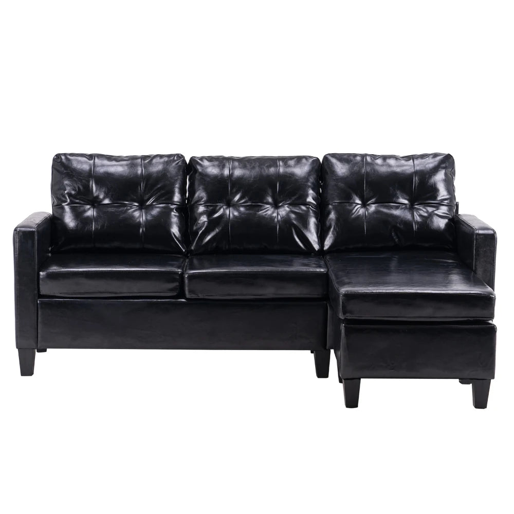 PU Combination Sofa Couch Comfortable L-Shape Black/Brown 194x126x89CM Convertible Design Simple Assembly[US-Stock]