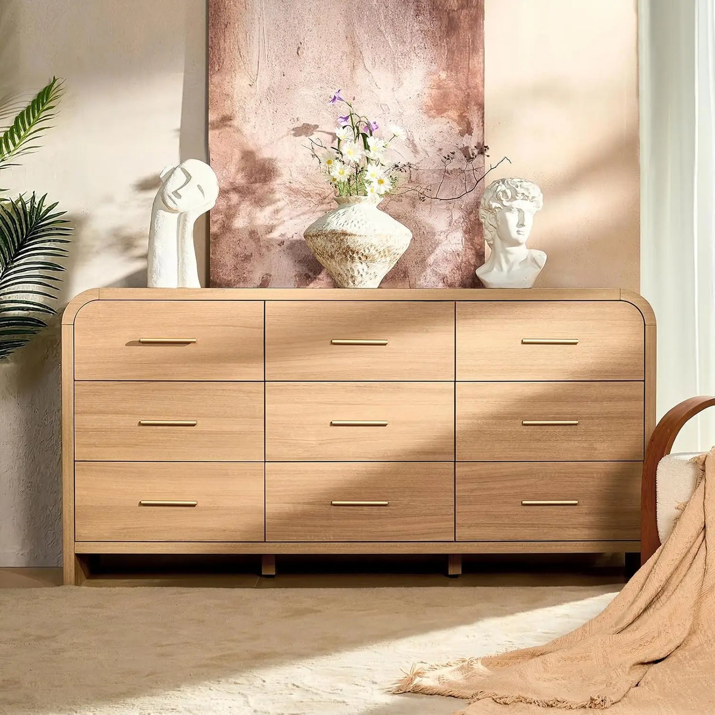 Curved 9-Drawer Dresser for Bedroom, 63" Wide Modern Chest of Drawers, Vanity Desk TV Stand for Living Room, Closet Storage
