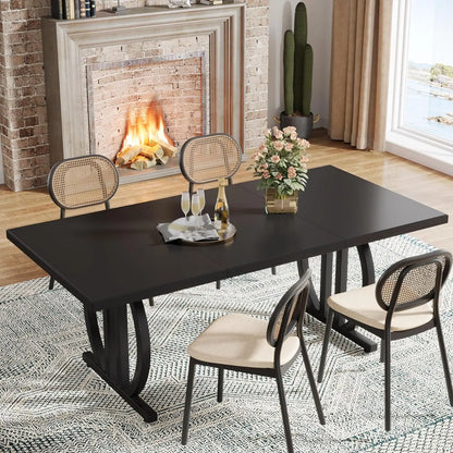 Dining Table for 4-6 People, 63 Inch Black Dining Room Table with Heavy Duty Metal Frame, Modern Industrial Rectangular for Home