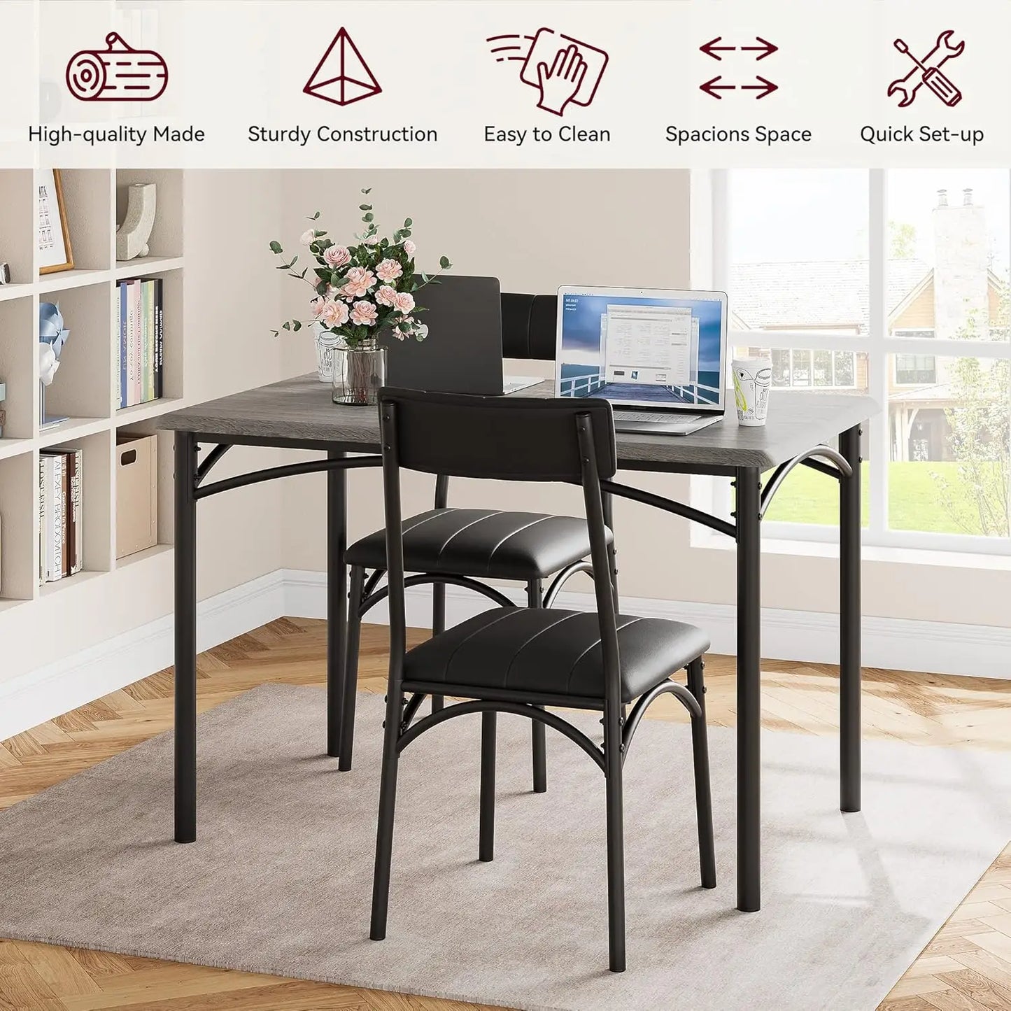5-Piece Industrial Dining Table Set, Compact Kitchen Table & 4 Padded Chairs, Farmhouse Dining Room Furniture Set for Small Spac