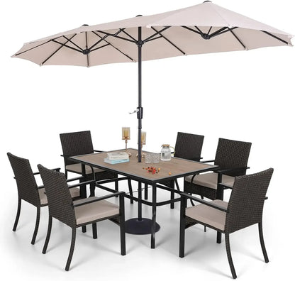 Dining Furniture with Beige Double-Sided Umbrella, Outdoor Rattan Chairs & Metal and PVC Table Set with Cushion and Umbrella