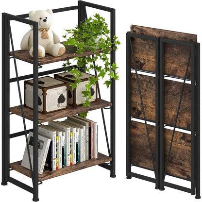 No-Assembly Folding Bookshelf Storage Shelves 3 Tiers Vintage Bookcase Racks Study Organizer Home Office(Rustic Brown and Black)