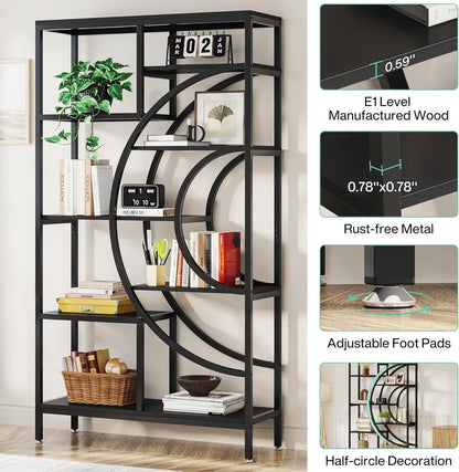 71 inches Bookcases, Industrial 8-Tiers Bookshelves, Etagere Bookcases with Geometric Metal Frame, Open Storage Shelving Units