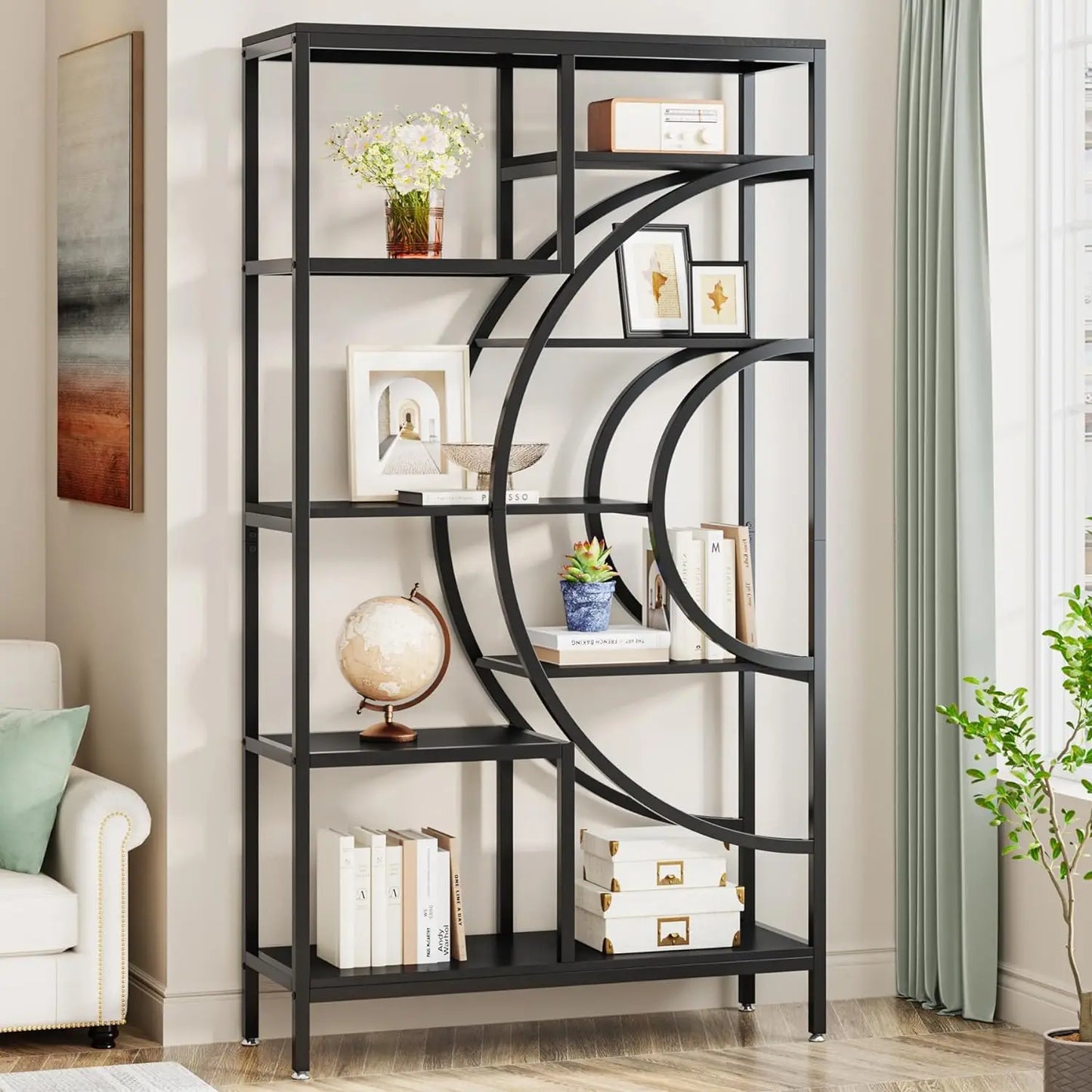 71 inches Bookcases, Industrial 8-Tiers Bookshelves, Etagere Bookcases with Geometric Metal Frame, Open Storage Shelving Units