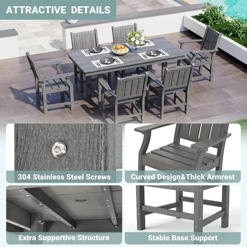 7-Piece HDPE Outdoor Dining Set, Wood Grain Table & Chairs (Gray)
