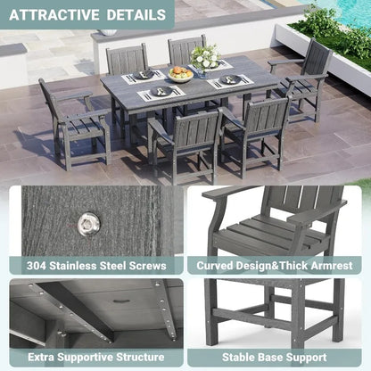 7-Piece HDPE Outdoor Dining Set, Wood Grain Table & Chairs (Gray)