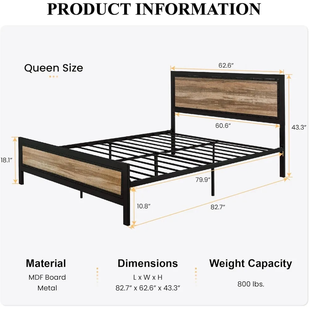 Heavy Duty Metal Bed Frame, Platform Base with Wooden Headboard Footboard, Strong Slats Support, No Box Spring Needed