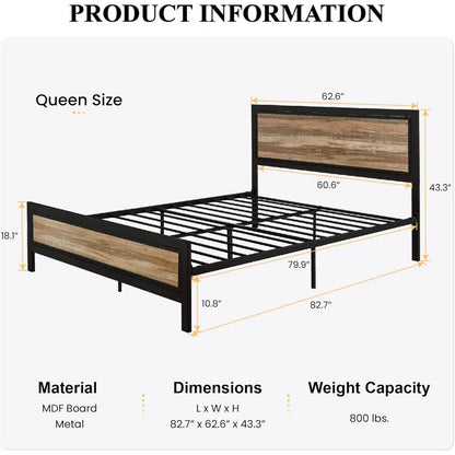 Heavy Duty Metal Bed Frame, Platform Base with Wooden Headboard Footboard, Strong Slats Support, No Box Spring Needed