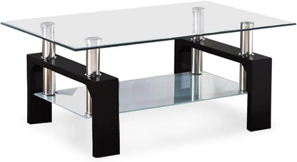 Rectangle Glass Coffee Table-Modern Side Coffee Table with Lower Shelf Black Wooden Legs-Suit for Living Room