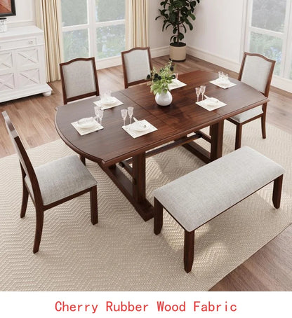 6-Piece Dining Set, Extendable 60-78 inch Wooden Table with Leaf, 4 Upholstered Chairs & Bench for 6, Kitchen Dining Table Set,