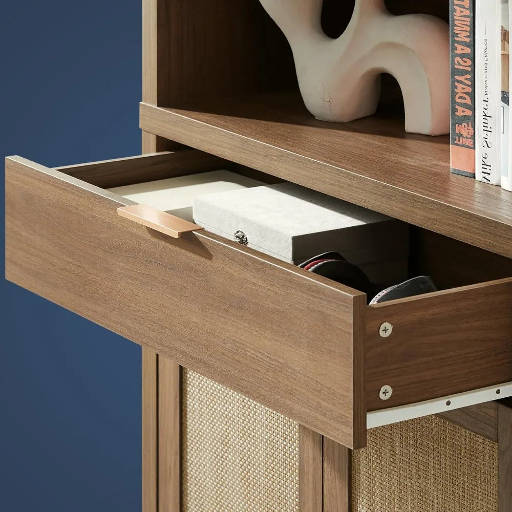 Hampstead Bookcase, Rattan Bookcase with Doors Cabinet and Drawer, 5-Tier Bookshelf, Large Wooden Book Case, Tall Bookshelves