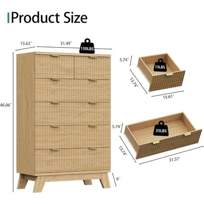 Fluted Dresser for Bedroom with 6 Drawers, 46" Tall Modern Chest of Drawers with Metal Handle, Wooden Dresser TV Stand, Wood Clo