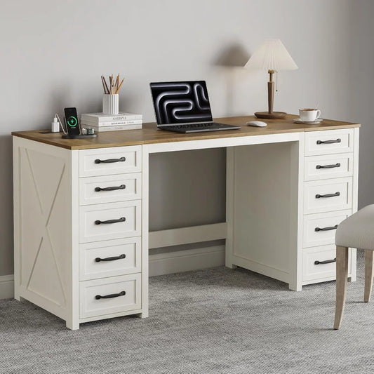 60" Farmhouse Home Office Desk with 10 Wooden Drawers, Rustic Computer Writing Desk with Power Outlets, Large Executive Desk